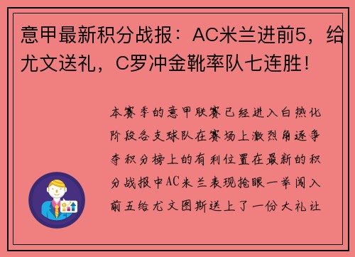 意甲最新积分战报：AC米兰进前5，给尤文送礼，C罗冲金靴率队七连胜！