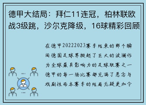 德甲大结局：拜仁11连冠，柏林联欧战3级跳，沙尔克降级，16球精彩回顾